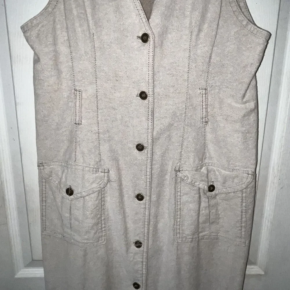 VTG MIDI Denim? Tank Dress Size 10 Tan Beige Button Down Cotton Made In USA 90s*